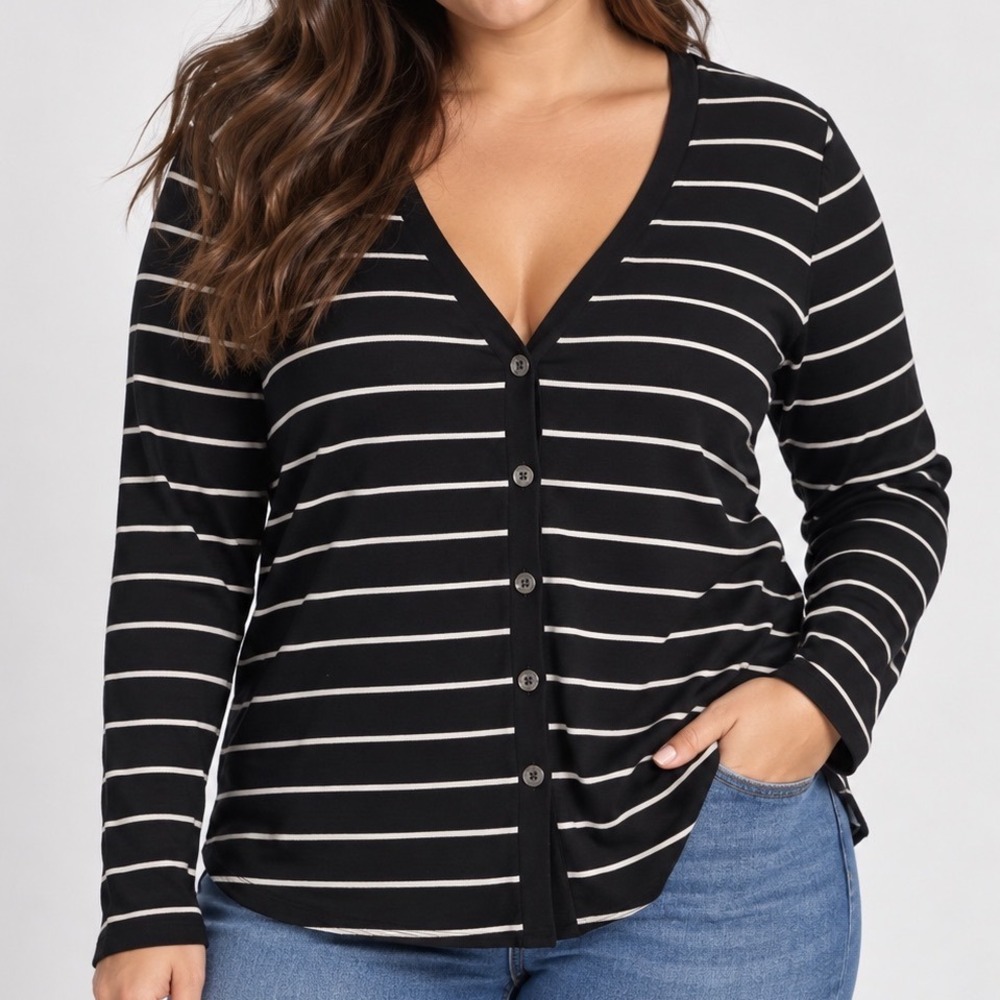 Lauren Ralph Lauren 1X SILK Blend Black White Striped Button Cardigan Sweater